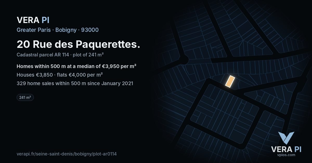 20 Rue des Paquerettes, Bobigny at night – the plot lit, the parcels around coloured by the prices near them