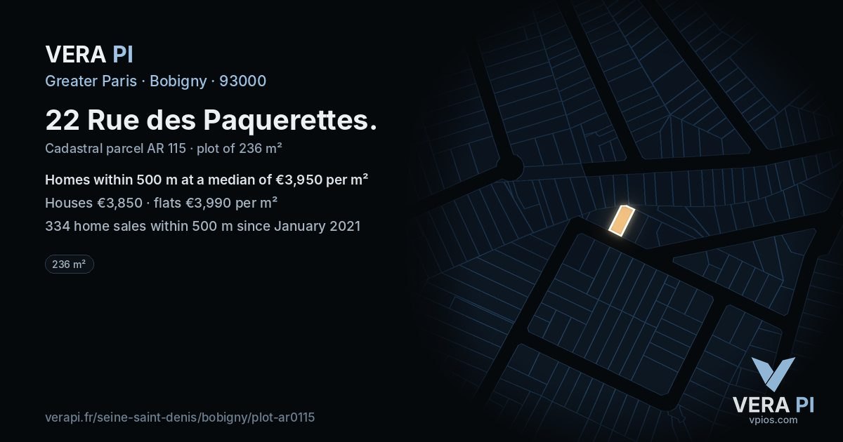 22 Rue des Paquerettes, Bobigny at night – the plot lit, the parcels around coloured by the prices near them