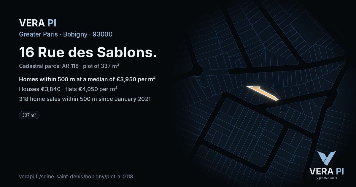 16 Rue des Sablons, Bobigny at night – the plot lit, the parcels around coloured by the prices near them