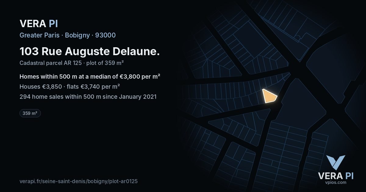 103 Rue Auguste Delaune, Bobigny at night – the plot lit, the parcels around coloured by the prices near them