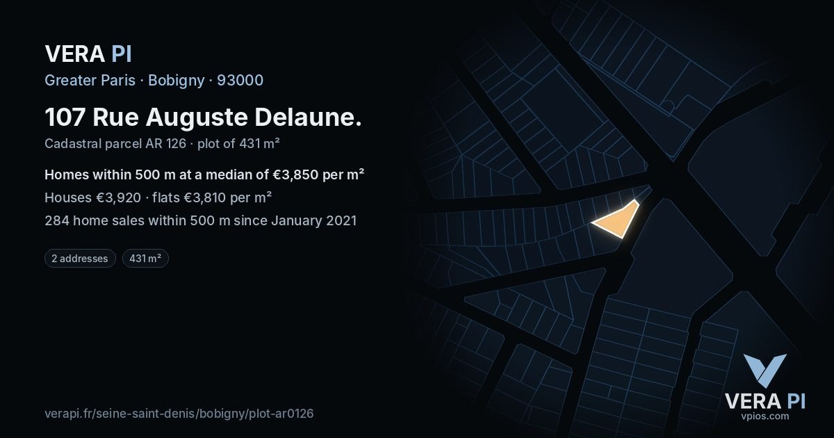 107 Rue Auguste Delaune, Bobigny at night – the plot lit, the parcels around coloured by the prices near them