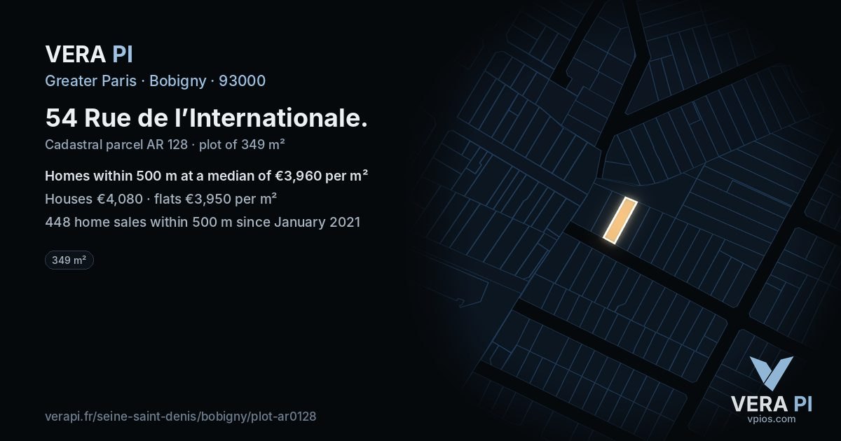 54 Rue de l’Internationale, Bobigny at night – the plot lit, the parcels around coloured by the prices near them