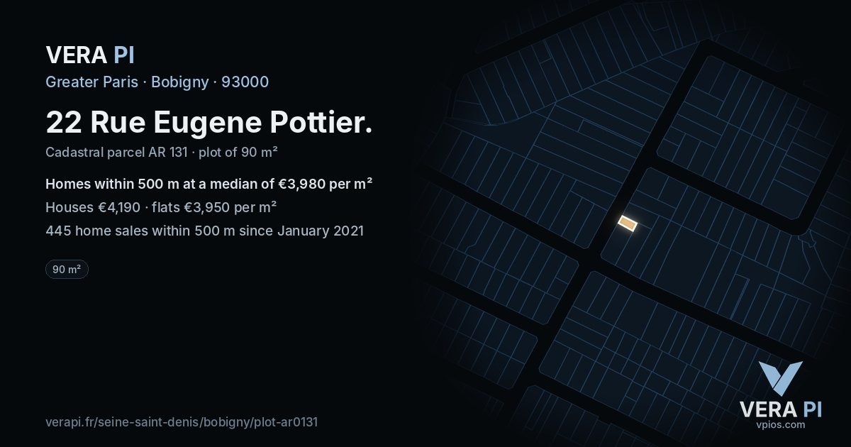 22 Rue Eugene Pottier, Bobigny at night – the plot lit, the parcels around coloured by the prices near them