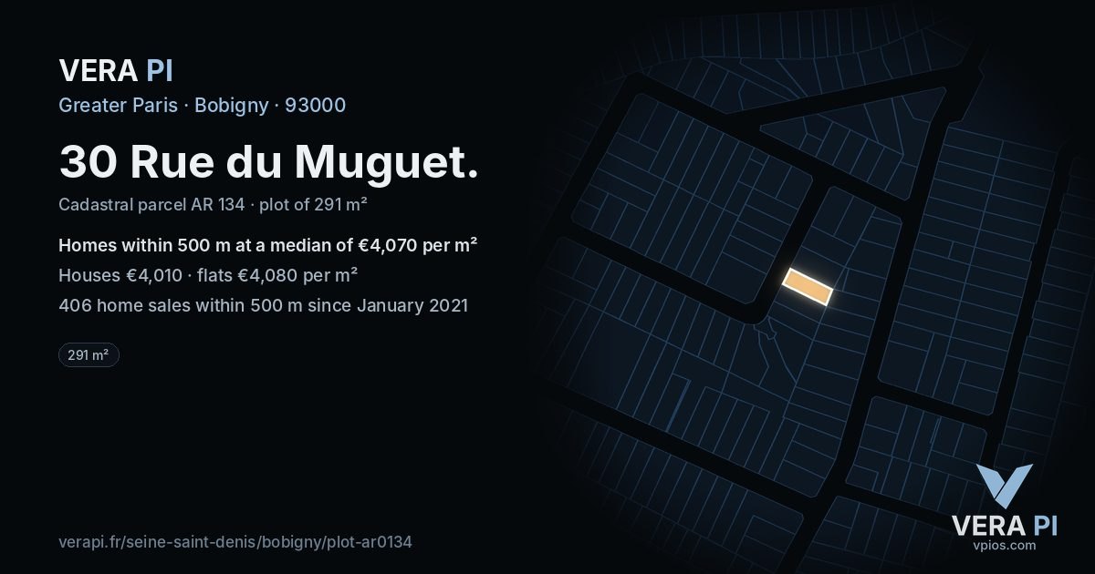 30 Rue du Muguet, Bobigny at night – the plot lit, the parcels around coloured by the prices near them