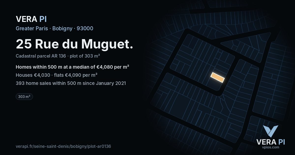 25 Rue du Muguet, Bobigny at night – the plot lit, the parcels around coloured by the prices near them