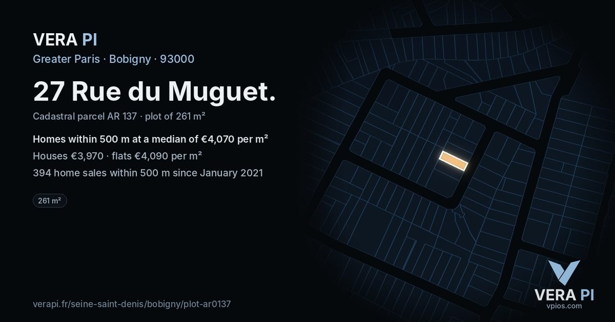 27 Rue du Muguet, Bobigny at night – the plot lit, the parcels around coloured by the prices near them