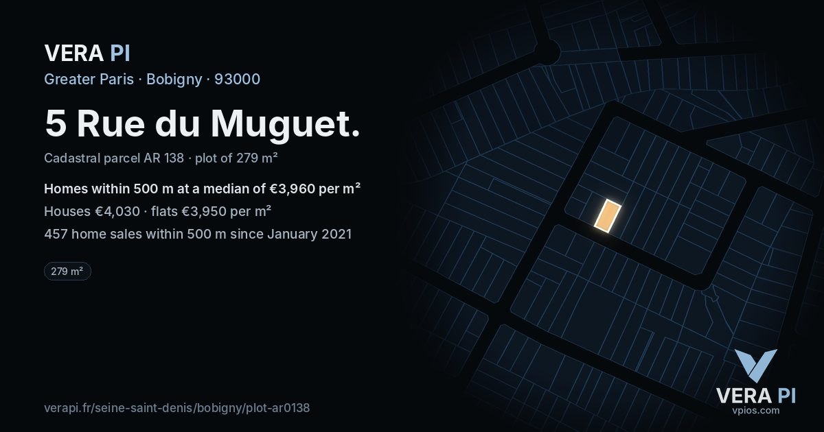 5 Rue du Muguet, Bobigny at night – the plot lit, the parcels around coloured by the prices near them