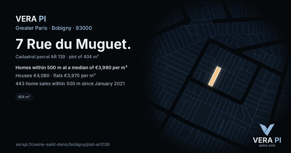 7 Rue du Muguet, Bobigny at night – the plot lit, the parcels around coloured by the prices near them