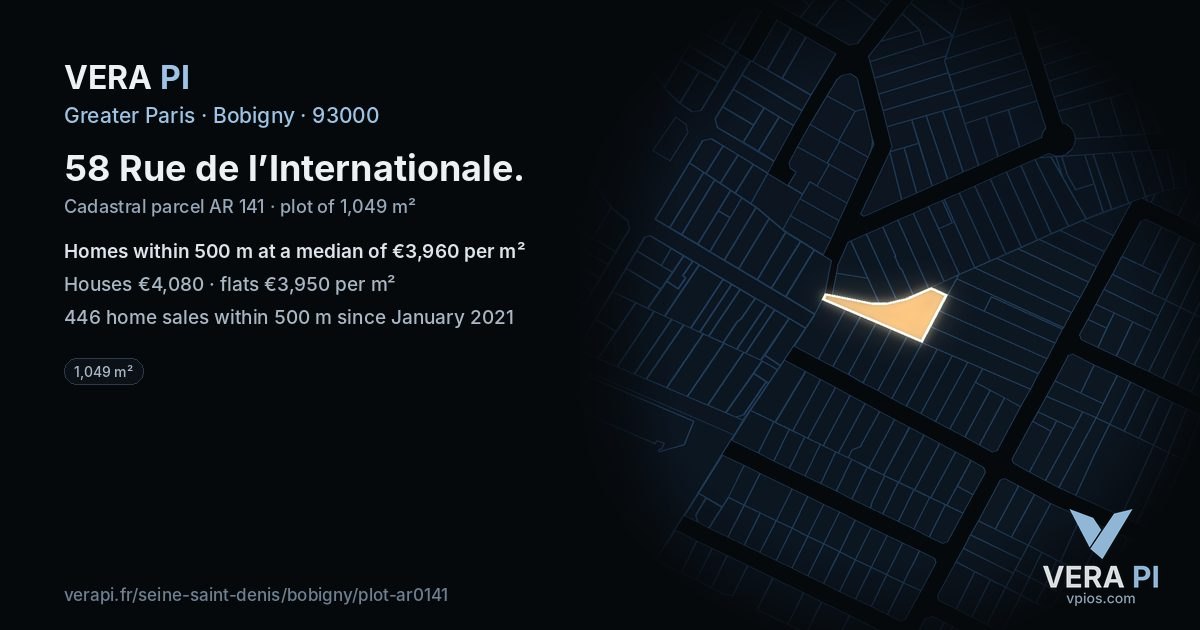 58 Rue de l’Internationale, Bobigny at night – the plot lit, the parcels around coloured by the prices near them