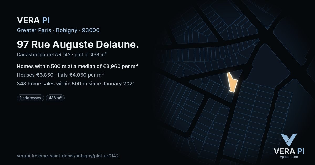 97 Rue Auguste Delaune, Bobigny at night – the plot lit, the parcels around coloured by the prices near them