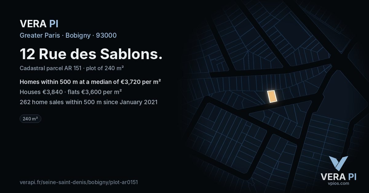12 Rue des Sablons, Bobigny at night – the plot lit, the parcels around coloured by the prices near them