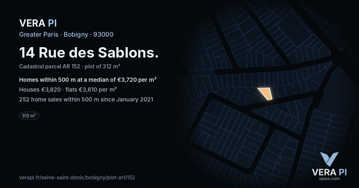 14 Rue des Sablons, Bobigny at night – the plot lit, the parcels around coloured by the prices near them