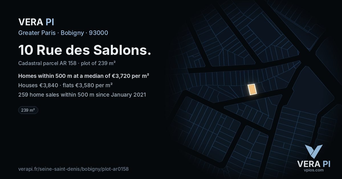 10 Rue des Sablons, Bobigny at night – the plot lit, the parcels around coloured by the prices near them