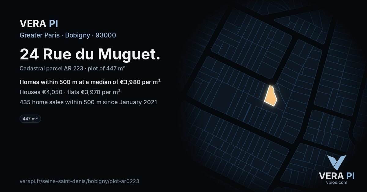 24 Rue du Muguet, Bobigny at night – the plot lit, the parcels around coloured by the prices near them
