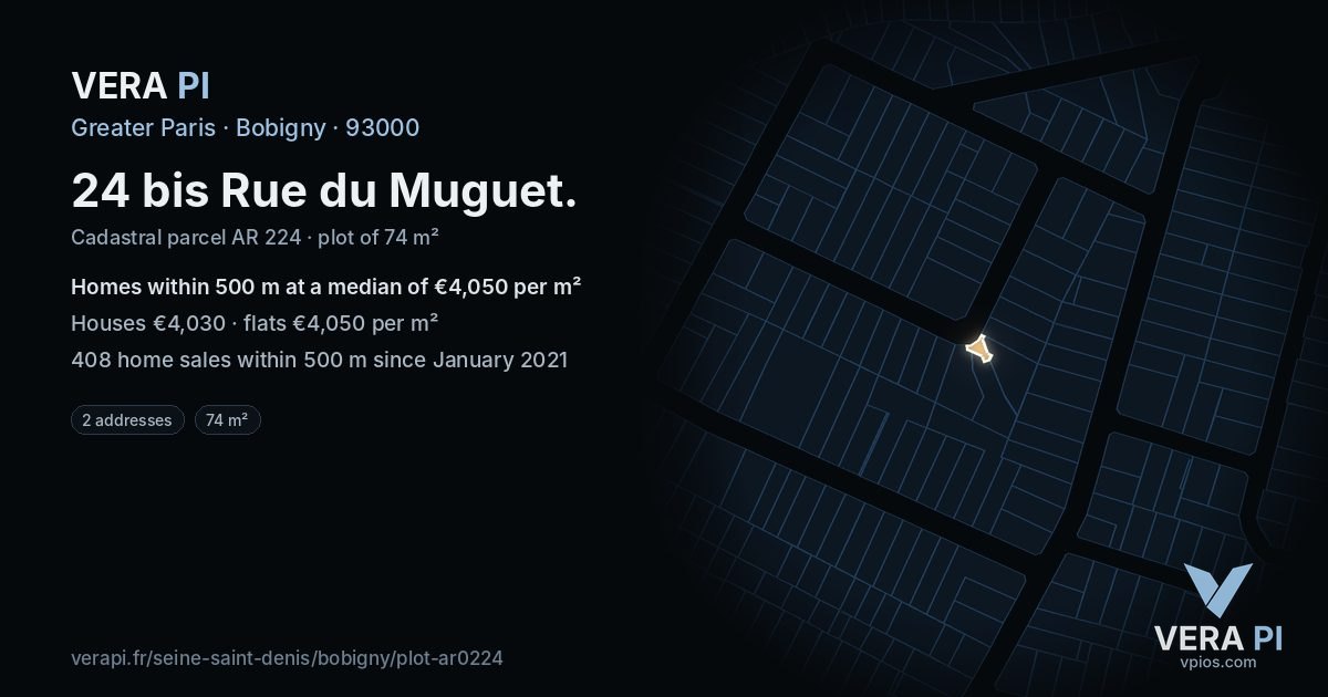 24 bis Rue du Muguet, Bobigny at night – the plot lit, the parcels around coloured by the prices near them