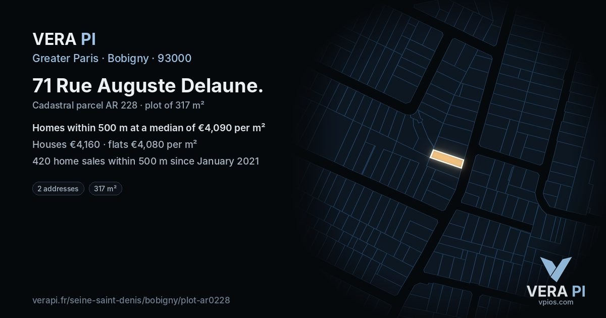 71 Rue Auguste Delaune, Bobigny at night – the plot lit, the parcels around coloured by the prices near them