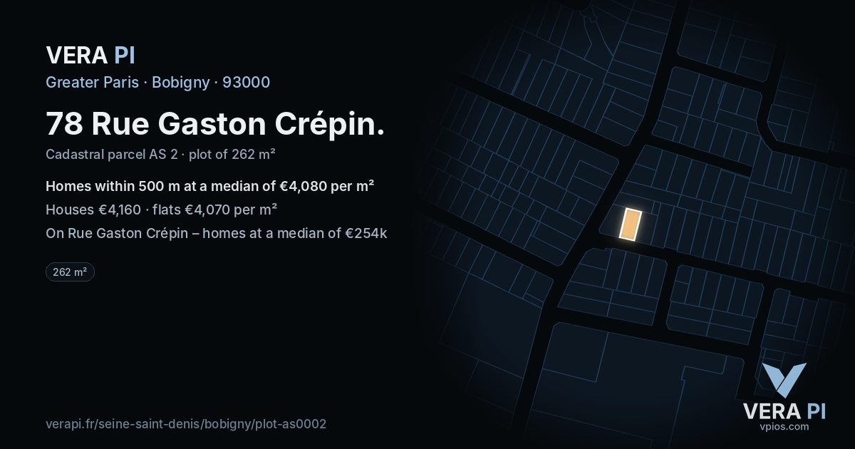 78 Rue Gaston Crépin, Bobigny at night – the plot lit, the parcels around coloured by the prices near them