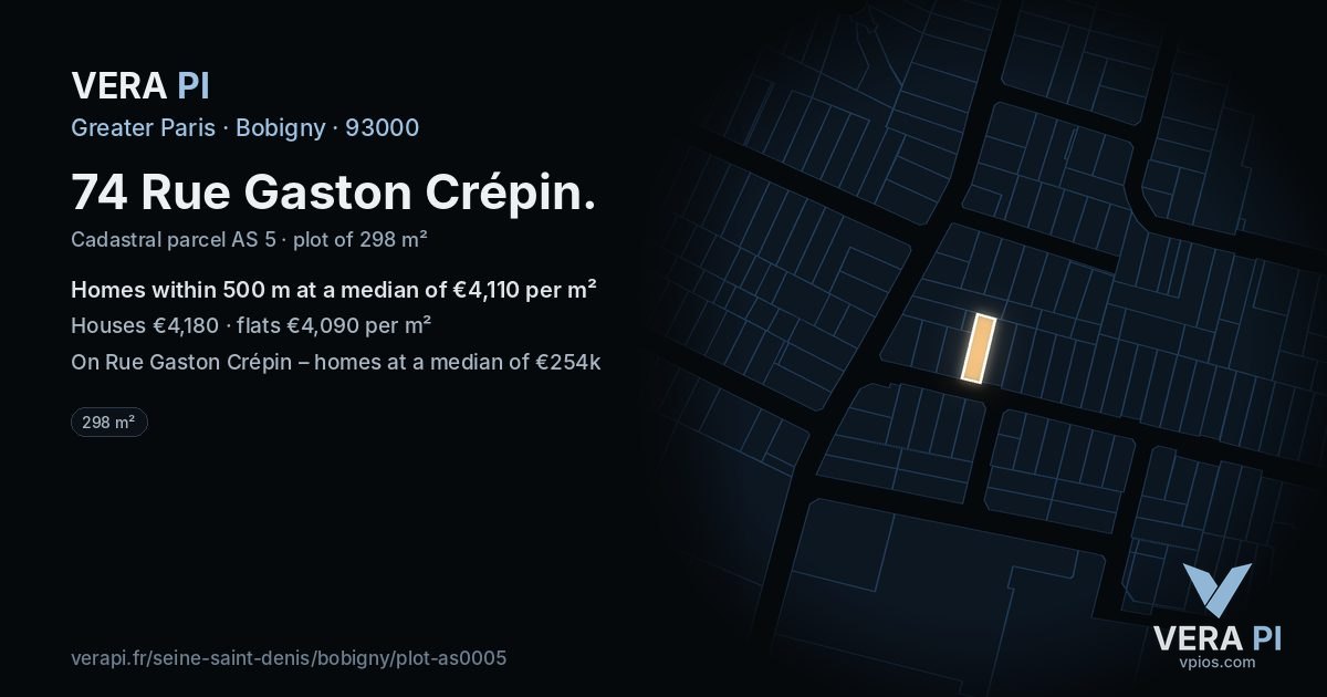 74 Rue Gaston Crépin, Bobigny at night – the plot lit, the parcels around coloured by the prices near them
