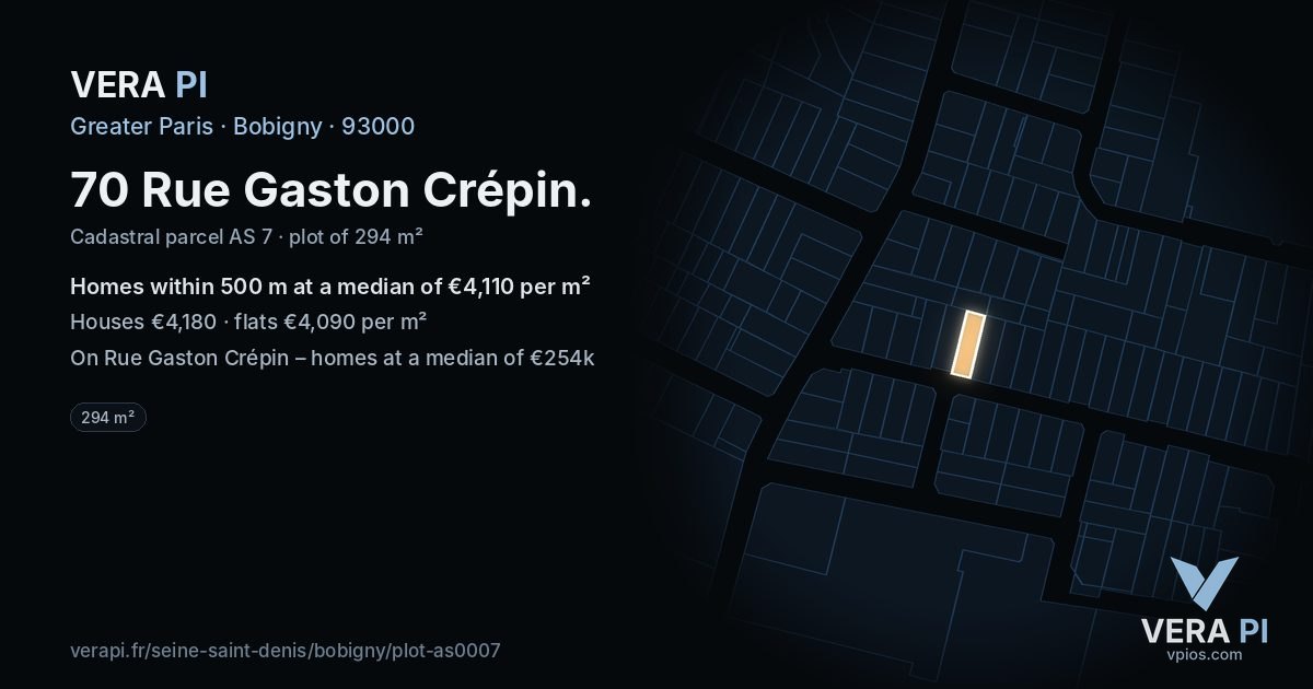 70 Rue Gaston Crépin, Bobigny at night – the plot lit, the parcels around coloured by the prices near them