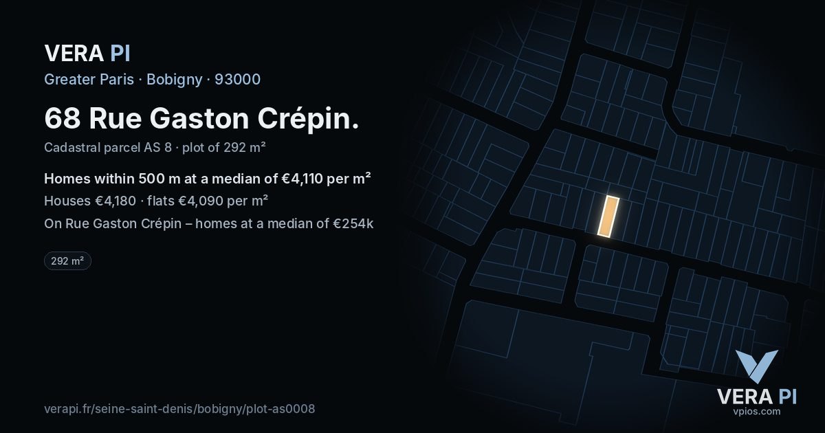 68 Rue Gaston Crépin, Bobigny at night – the plot lit, the parcels around coloured by the prices near them