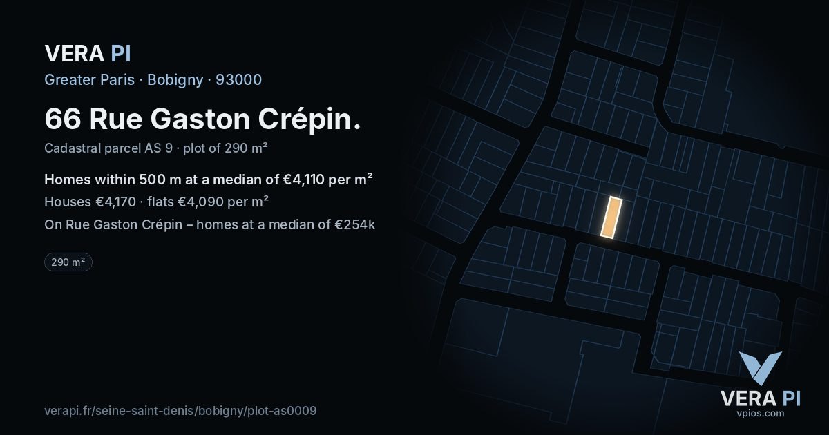 66 Rue Gaston Crépin, Bobigny at night – the plot lit, the parcels around coloured by the prices near them