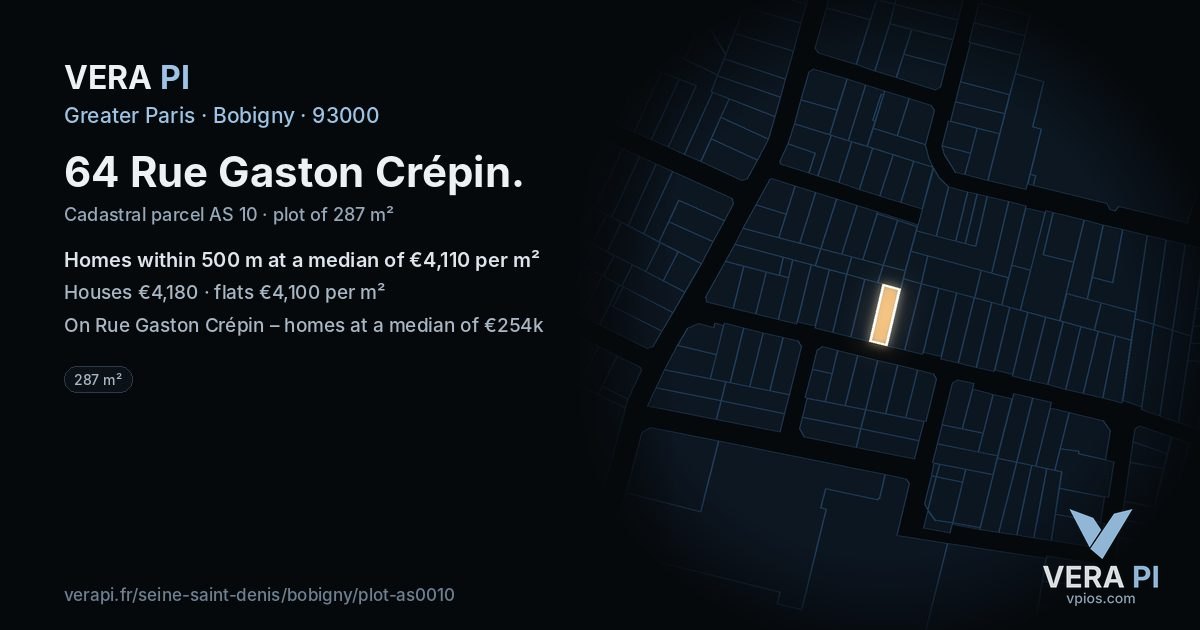 64 Rue Gaston Crépin, Bobigny at night – the plot lit, the parcels around coloured by the prices near them
