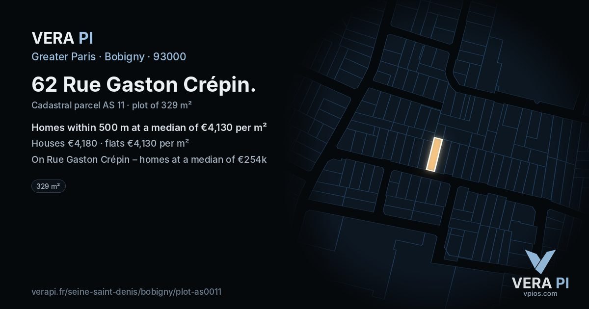 62 Rue Gaston Crépin, Bobigny at night – the plot lit, the parcels around coloured by the prices near them