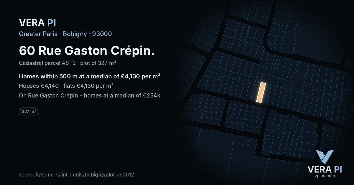 60 Rue Gaston Crépin, Bobigny at night – the plot lit, the parcels around coloured by the prices near them