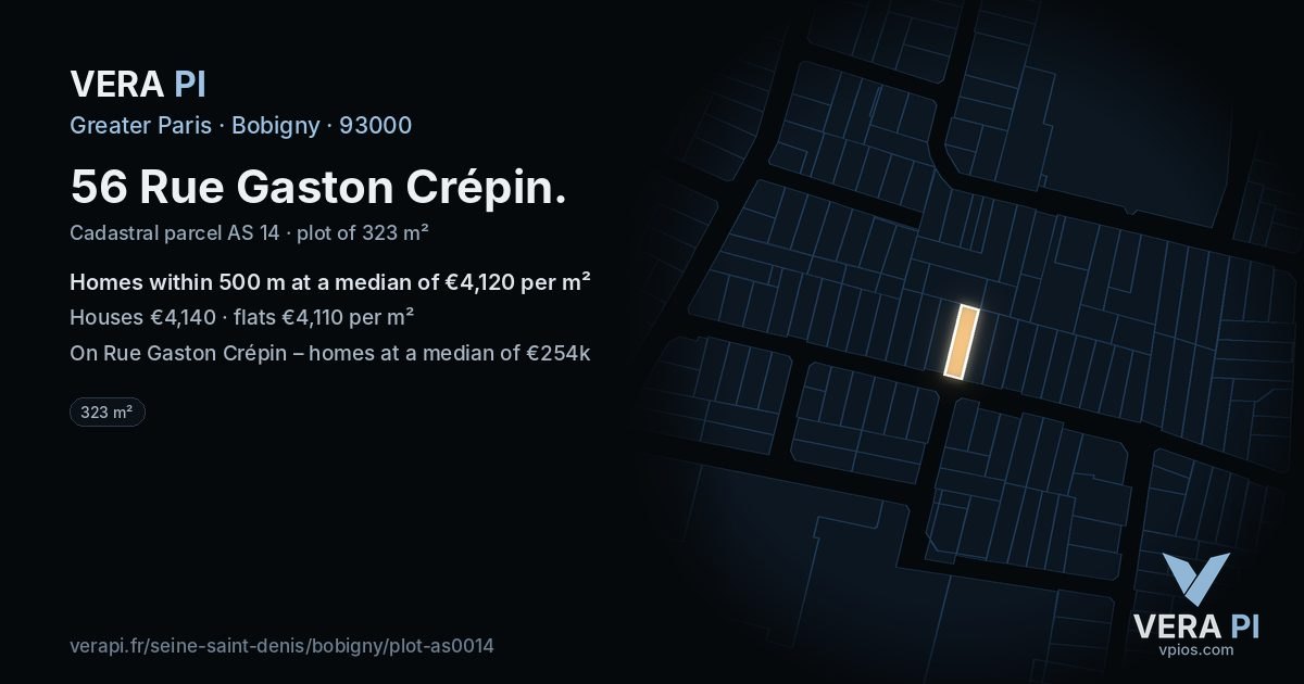 56 Rue Gaston Crépin, Bobigny at night – the plot lit, the parcels around coloured by the prices near them