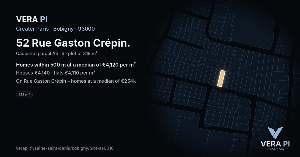 52 Rue Gaston Crépin, Bobigny at night – the plot lit, the parcels around coloured by the prices near them