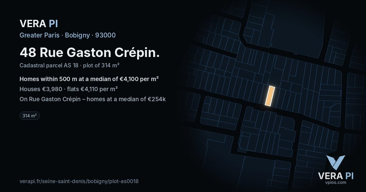 48 Rue Gaston Crépin, Bobigny at night – the plot lit, the parcels around coloured by the prices near them