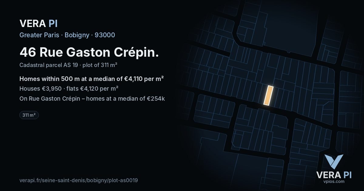 46 Rue Gaston Crépin, Bobigny at night – the plot lit, the parcels around coloured by the prices near them
