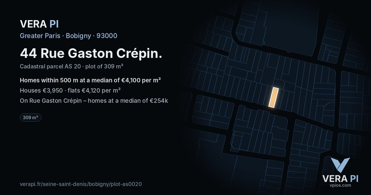 44 Rue Gaston Crépin, Bobigny at night – the plot lit, the parcels around coloured by the prices near them
