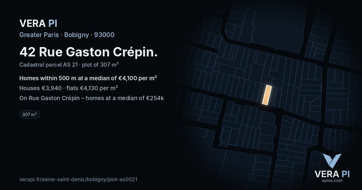 42 Rue Gaston Crépin, Bobigny at night – the plot lit, the parcels around coloured by the prices near them