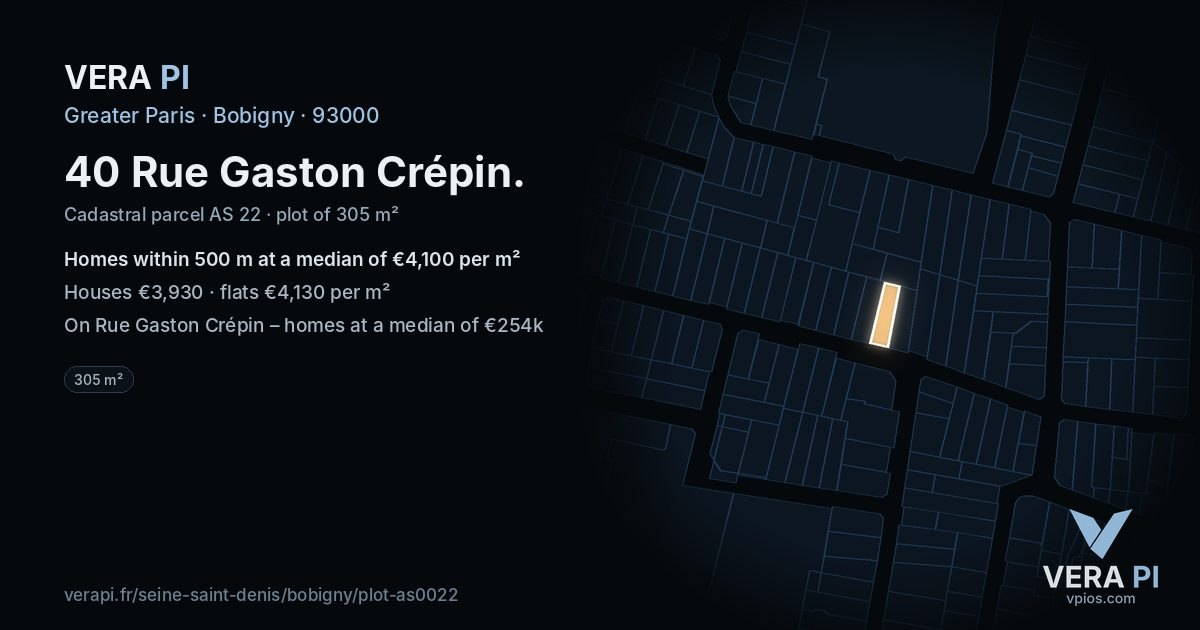 40 Rue Gaston Crépin, Bobigny at night – the plot lit, the parcels around coloured by the prices near them