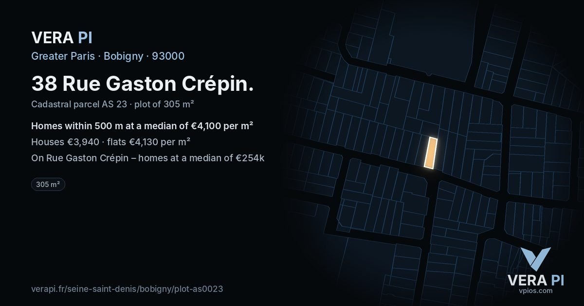 38 Rue Gaston Crépin, Bobigny at night – the plot lit, the parcels around coloured by the prices near them