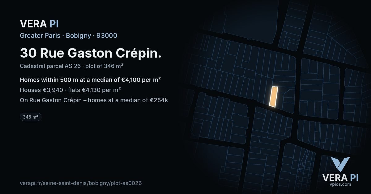 30 Rue Gaston Crépin, Bobigny at night – the plot lit, the parcels around coloured by the prices near them