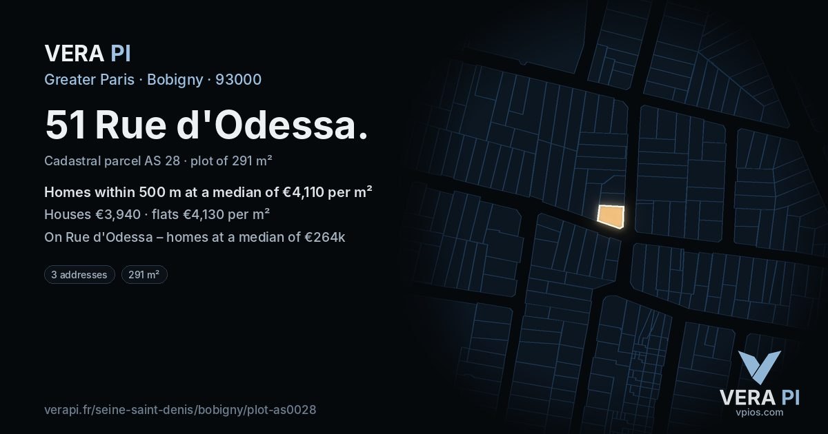 51 Rue d'Odessa, Bobigny at night – the plot lit, the parcels around coloured by the prices near them