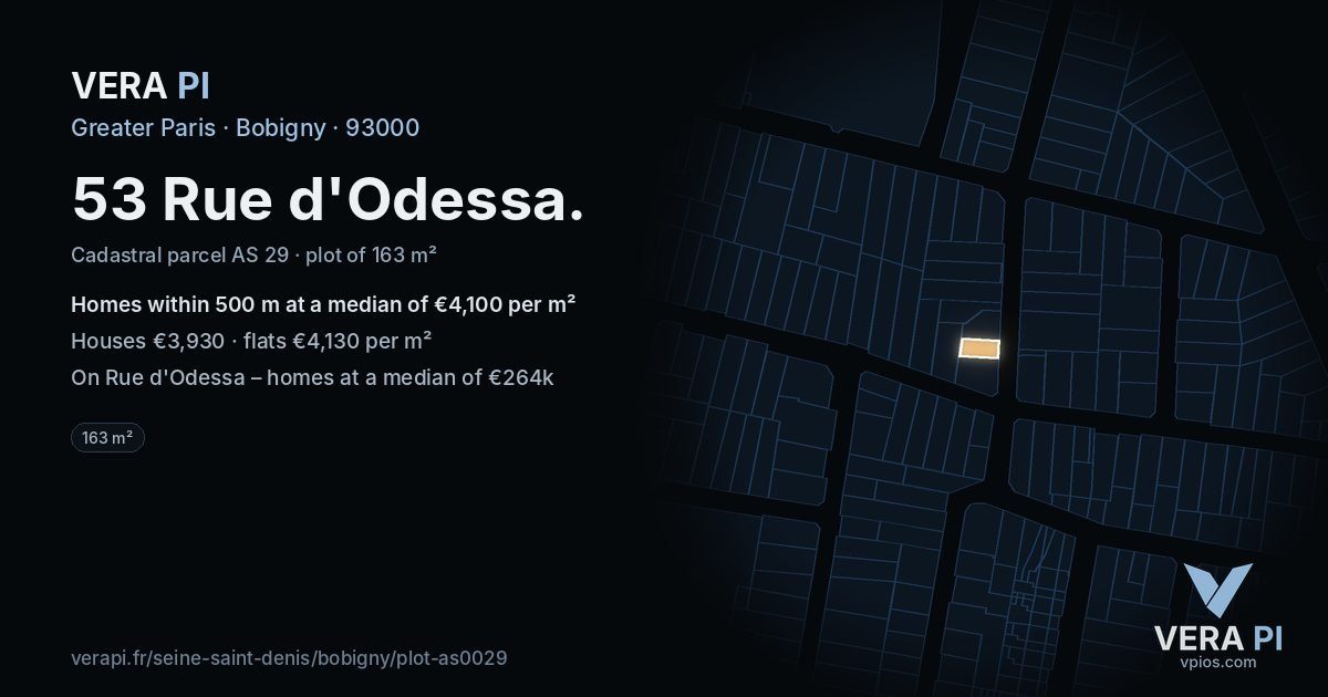 53 Rue d'Odessa, Bobigny at night – the plot lit, the parcels around coloured by the prices near them
