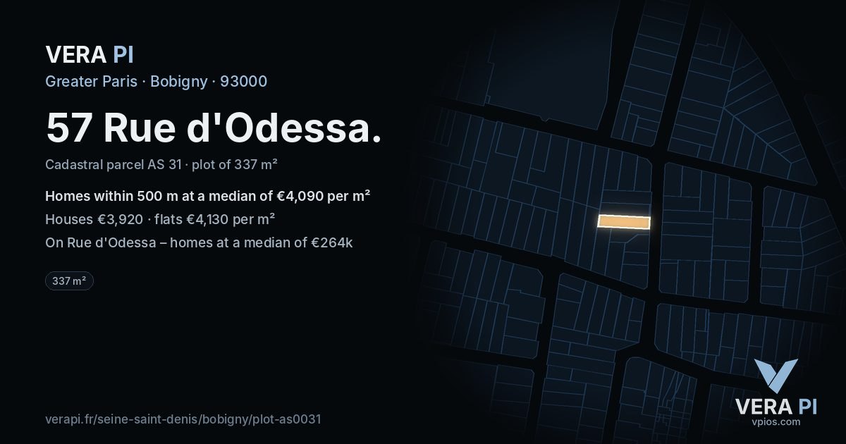 57 Rue d'Odessa, Bobigny at night – the plot lit, the parcels around coloured by the prices near them