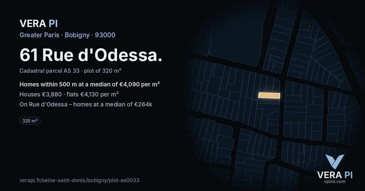 61 Rue d'Odessa, Bobigny at night – the plot lit, the parcels around coloured by the prices near them