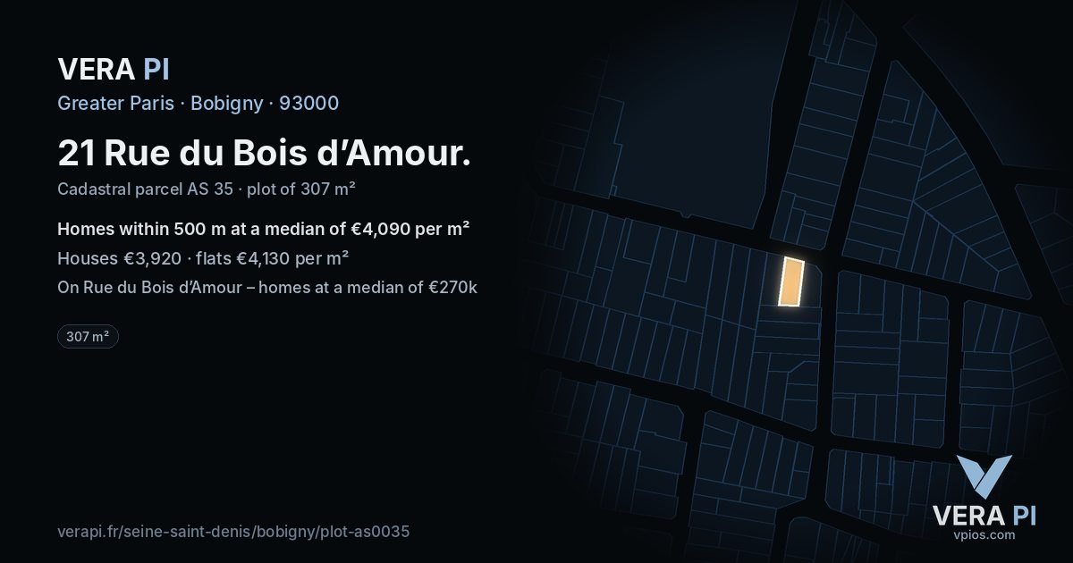 21 Rue du Bois d’Amour, Bobigny at night – the plot lit, the parcels around coloured by the prices near them