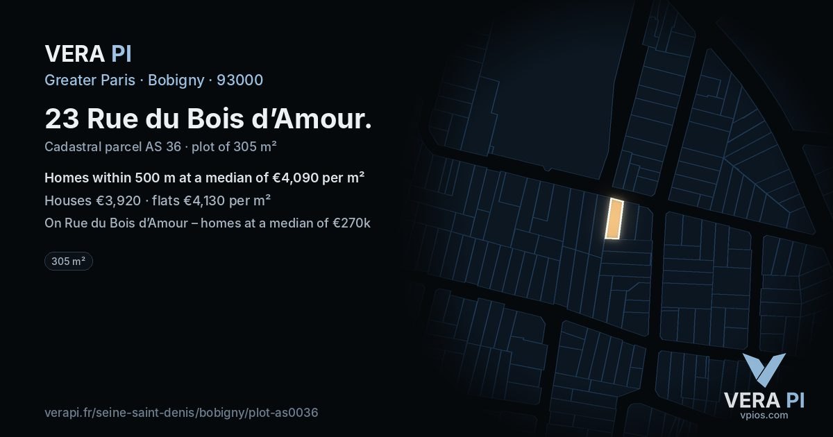 23 Rue du Bois d’Amour, Bobigny at night – the plot lit, the parcels around coloured by the prices near them