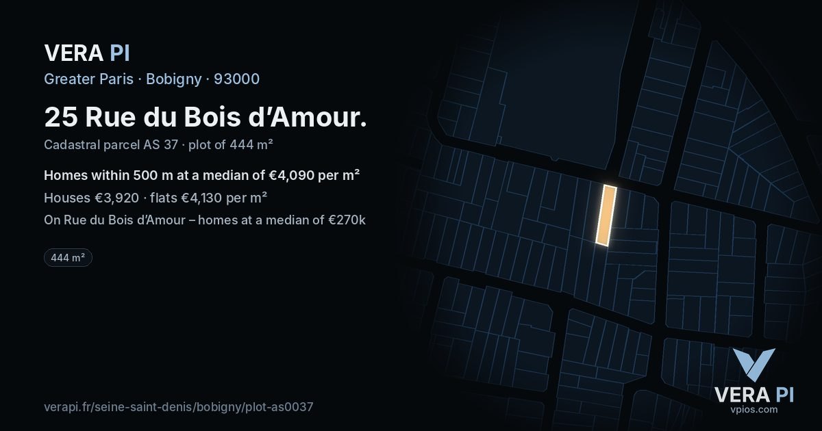 25 Rue du Bois d’Amour, Bobigny at night – the plot lit, the parcels around coloured by the prices near them