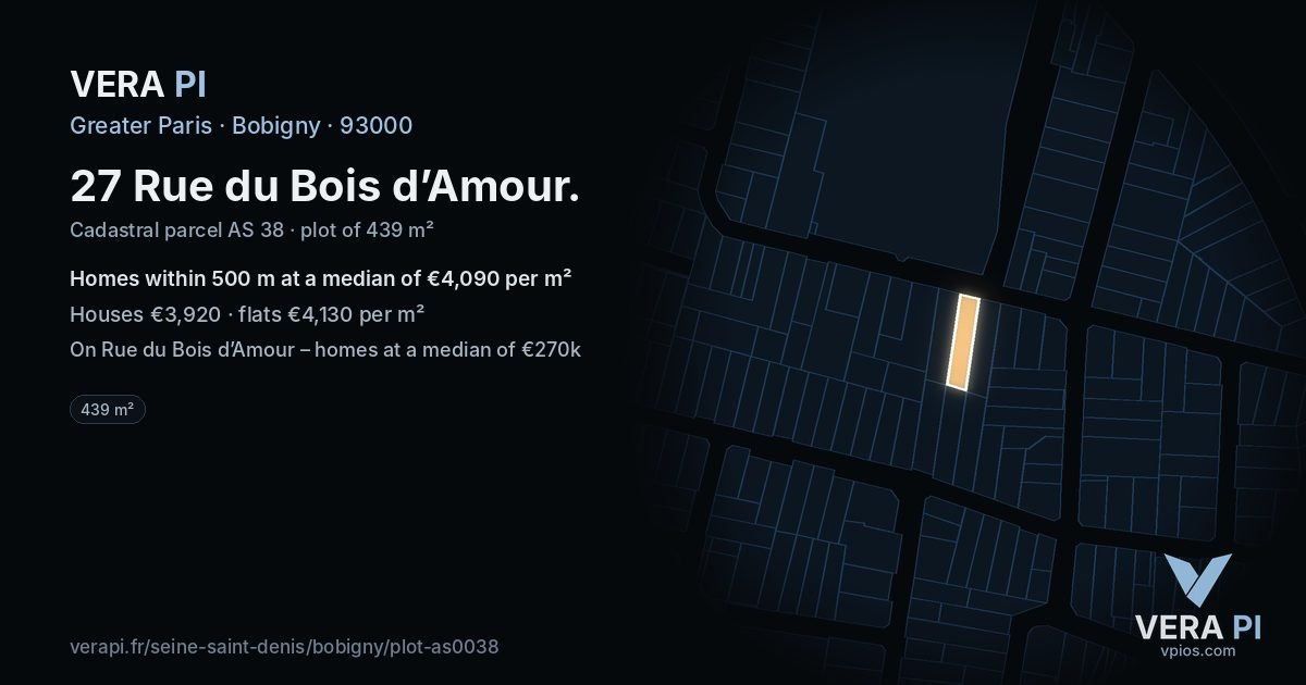27 Rue du Bois d’Amour, Bobigny at night – the plot lit, the parcels around coloured by the prices near them