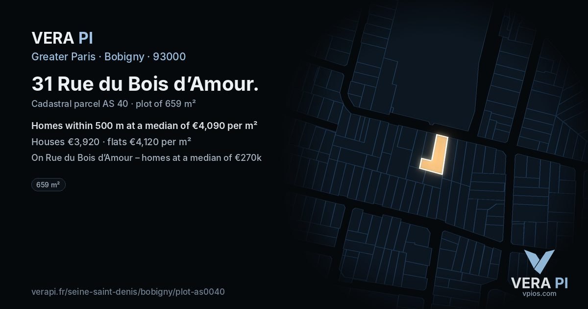 31 Rue du Bois d’Amour, Bobigny at night – the plot lit, the parcels around coloured by the prices near them
