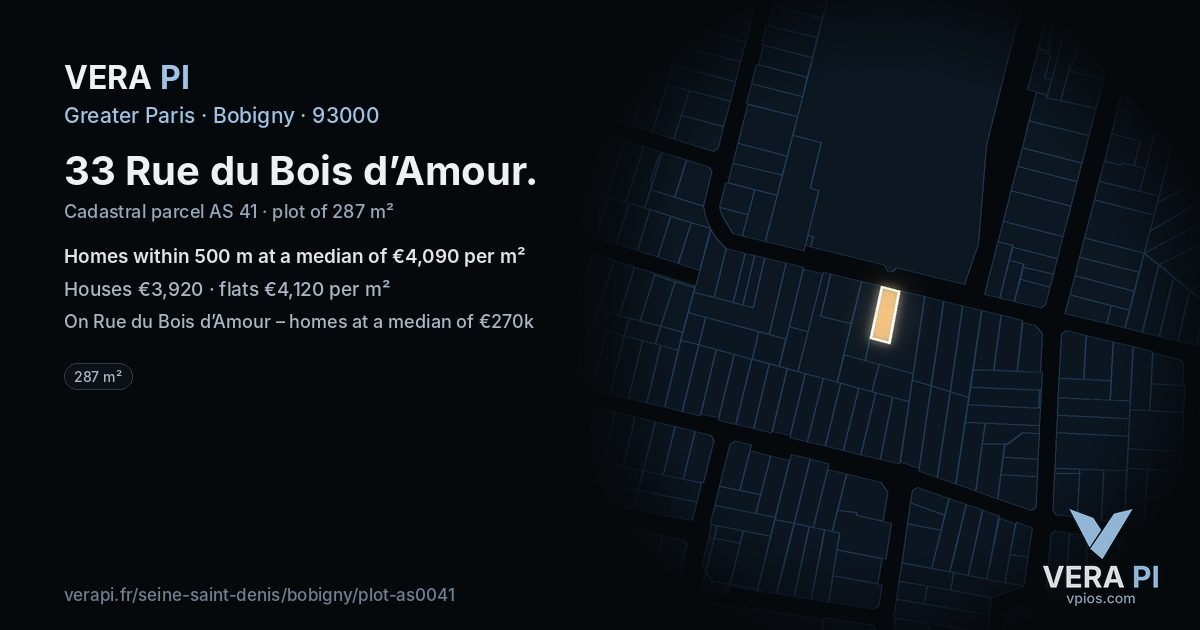33 Rue du Bois d’Amour, Bobigny at night – the plot lit, the parcels around coloured by the prices near them