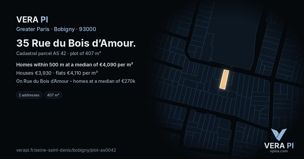 35 Rue du Bois d’Amour, Bobigny at night – the plot lit, the parcels around coloured by the prices near them