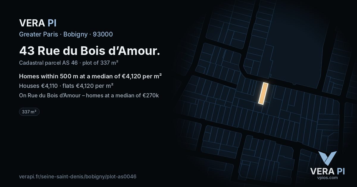 43 Rue du Bois d’Amour, Bobigny at night – the plot lit, the parcels around coloured by the prices near them
