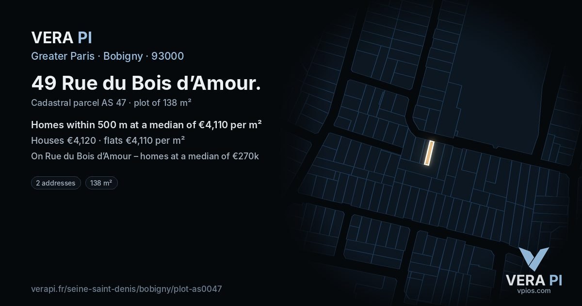49 Rue du Bois d’Amour, Bobigny at night – the plot lit, the parcels around coloured by the prices near them